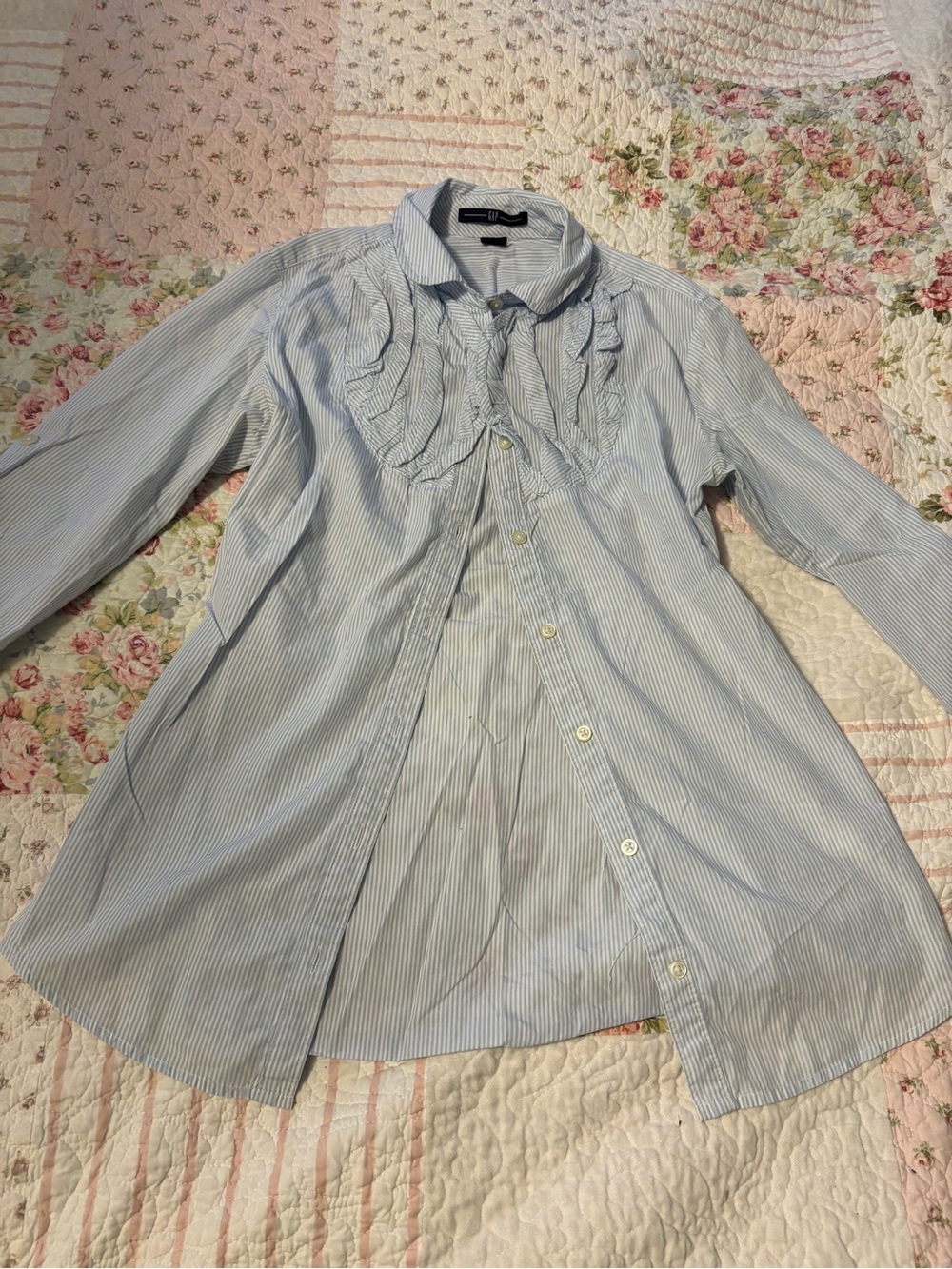 GAP Light Blue Pinstripe Ruffle-Front Blouse